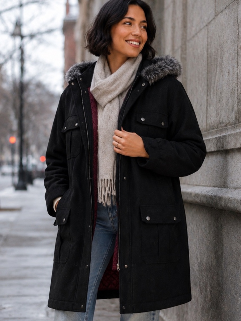 Wrap London 100% Wool Coat Black Faux Fur Hood Quilted US 14